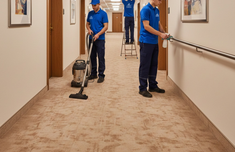 Professionelle Kehrwoche Tübingen Reinigungskräfte in blauer Arbeitskleidung führen im Rahmen der Kehrwoche eine gründliche Flurreinigung mit Staubsauger und Reinigungsmittel