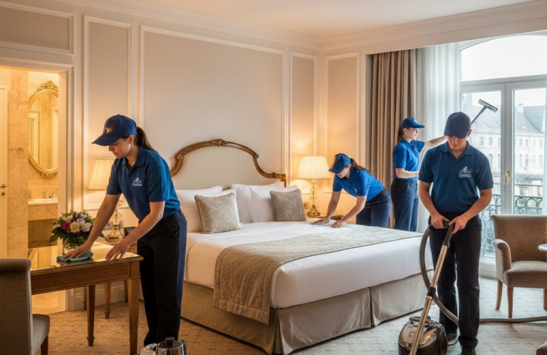 Hotelzimmerreinigung Tübingen Hotelzimmerreinigung mit vierAngestellten in einem eleganten Hotelzimmer.