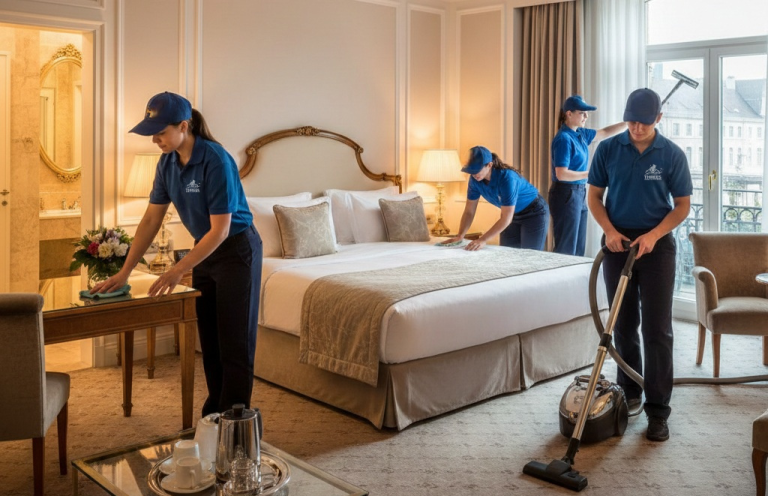 Professionelle Hotelzimmerreinigung Tübingen Hotelzimmerreinigung mit vier Angestellten in einem eleganten Hotelzimmer.