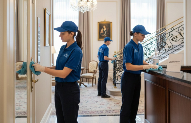 Privatwohnungen- Reinigung Tübingen Drei Reinigungskräfte in Uniform reinigen Türen und Möbel in einem eleganten Raum einer Wohnung