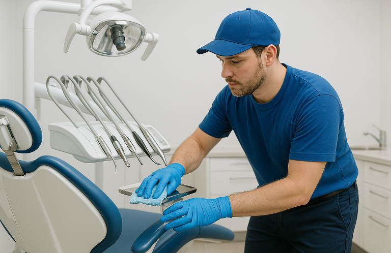 Professionelle Praxisreinigung Tübingen Reinigungsmitarbeiter führt eine hygienische Praxisreinigung unter Einhaltung hoher Sauberkeitsstandards durch