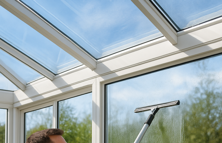 Profesionelle Wintergartenreinigung Tübingen Ein Mann reinigt die Fenster eines lichtdurchfluteten Wintergartens.