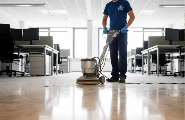 Professionelle Grundreinigung Tübingen Reinigungsmitarbeiter führt eine gründliche Grundreinigung des Bodens mit einer Einscheibenmaschine durch